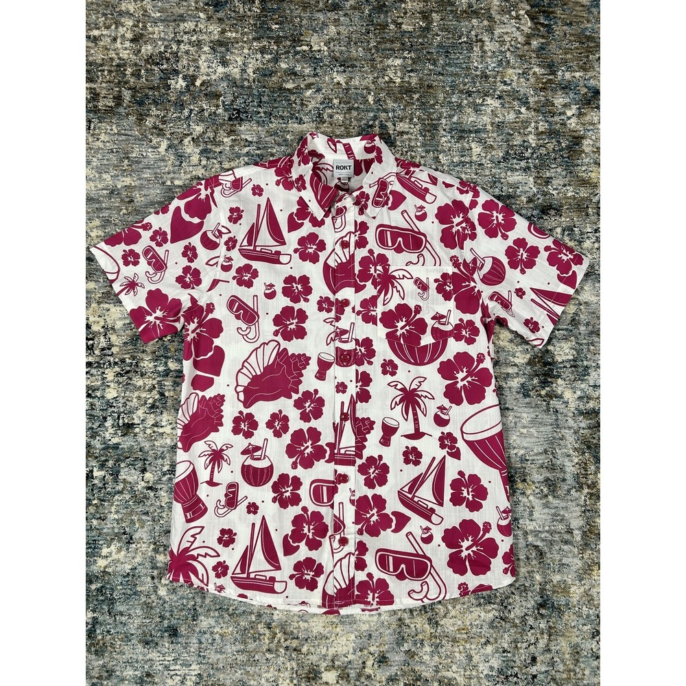 ROKT Mens White Fuchsia Tropical Print Short Sleeve Button Down Shirt Large